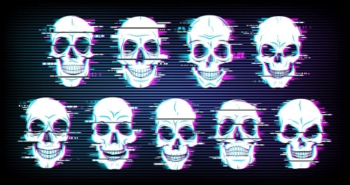 Glitch skulls vector distorted neon glowing pixelized craniums or jolly roger. Trippy digital art, horror, dead heads on black background. Television messy distortion or vhs tape glitch effect