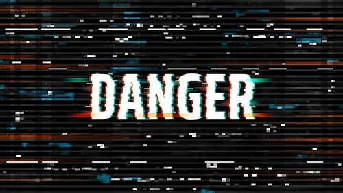 Danger glitch background, hacking or virus screen, vector distorted pixelized noise on black backdrop. Messy distortion on computer desktop or vhs tape glitch effect, hacker attack awareness attention