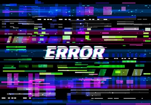 Glitch error screen vector background of VHS video problem with color pixel noise and lines. Digital glitch texture of computer data crash, tv no signal code, display failure, bug or fail