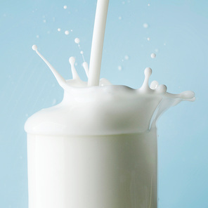 Splash of milk in glass on blue background close up