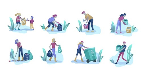 people and children Recycle Sort organic Garbage in different container for Separation to Reduce Environment Pollution. Family with kids collect garbage. Environmental day vector cartoon illustration