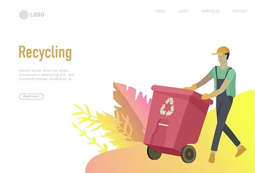 Landing page template with people Recycle Sort Garbage in different container for Separation to Reduce Environment Pollution. Family garbage. Earth Day vector cartoon illustration