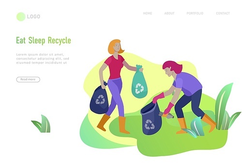 Landing page template with people Recycle Sort Garbage in different container for Separation to Reduce Environment Pollution. Family with kids collect garbage. Earth Day vector cartoon illustration