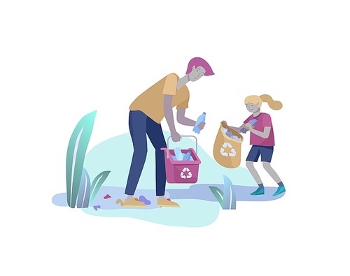 Father with child collect garbage, man and girl Recycle Sort organic Garbage in different container for Separation to Reduce Environment Pollution. Environmental day vector cartoon illustration