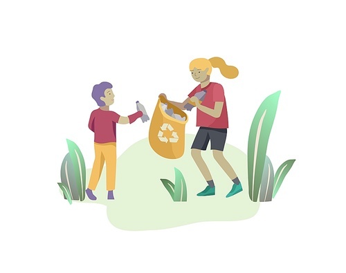 children Recycle Sort organic Garbage in different container for Separation to Reduce Environment Pollution. Girl and boy kids collect garbage in bag. Environmental day vector cartoon illustration