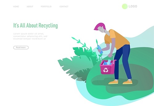 Landing page template with people Recycle Sort Garbage in different container for Separation to Reduce Environment Pollution. Family garbage. Earth Day vector cartoon illustration