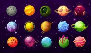 Fantastic planets in space vector icons, cartoon galaxy ui game asteroids. Cosmic world, alien design elements. Galaxy objects, planets with rings, frozen ice, craters and glowing lava surface set