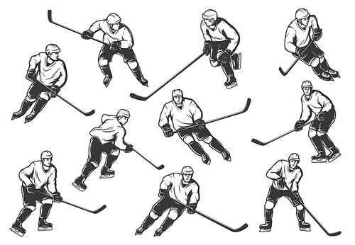 Ice hockey players vector monochrome sport team wear uniform and helmet with sticks in motion. Championship, hockey club competition, isolated male sportsmen characters, professional hockey equipment