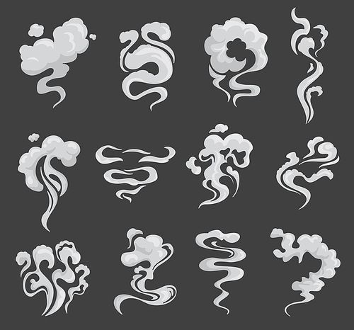 Cartoon smoke flows, steam explosion, smog and smoke clouds, vector icons. Fog smoke, mist steam clouds white smog effect, spooky dust explosion of gas, vapor or smoky toxic air splash