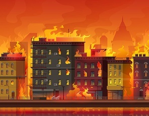 Fire in city, burning buildings on town street. Natural disaster or catastrophe, war conflict or climate changes cartoon vector background. Condominiums and skyscrapers in flames, firestorm in city
