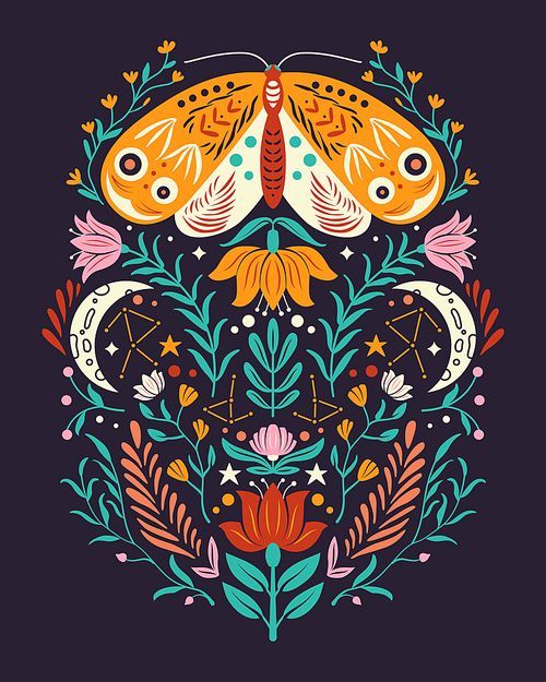 Spring motifs in folk art style. Colorful flat vector illustration with moth, flowers, floral elements and moon.