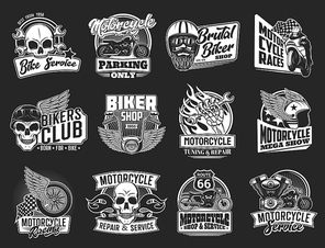 Motorcycle isolated icons of vector biker club and motorsport design. Motor bikes with wing, wheel and skull, rider, helmet, racing flag, wrench and spanner, engine, piston and fire flame emblems