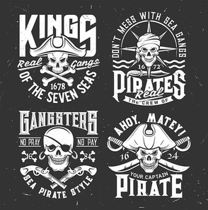 Tshirt s with pirate skulls in cocked hat, bandana and crossed sabers, bones or guns. Vector mascot for apparel. T shirt  design with typography. Caribbean Jolly roger isolated emblems set