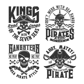 Pirates skulls with weapons t-shirt print template. Corsairs Jolly Roger flag symbols, apparel vector print with filibuster, privateer skulls, pistols and swords, crossed bones and vintage typography