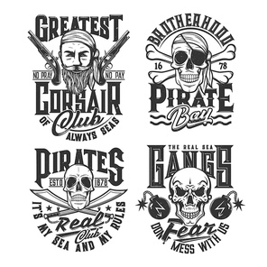 Sea pirate gangs t-shirt  with human skulls, crossed bones and sabers, corsair face, flintlock pistols and cannonballs or grenades with burning wick. Clothing custom design  vector templates