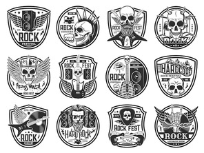 Rock and heavy metal music festival icons. Hard rock concert, live show and fest emblems. Human skulls with mohawk hairstyle, demon horns and crown, electric guitars, audio speakers engraved vector