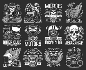 Biker club skull emblems, motorcycle races and speedway sport rides, vector icons. New York biker club route and custom chopper garage emblem, helmet on wing and moto parts shop or engine service sign