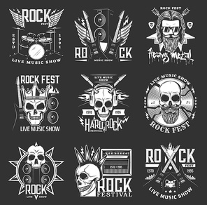 Rock music festival icons, hard rock skull and guitar vector badges and emblems. Hard rock and heavy metal fest live concert performance signs with drums, punk skull and electric guitar in fire flame