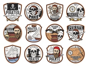 Pirate and corsair icons with vector skulls, captains, ships, treasure map and chest. Pirate black flags, eye patches, guns and swords, sail boat, helm, compass, rum and spyglass isolated badges