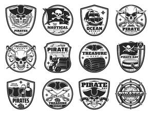 Piracy and pirate heraldic icons, vector Jolly Roger skulls or skeleton heads, black flag, cannon and guns. Captain tricorn, chest with treasure, crossed bones and filibusters swords isolated symbols