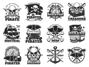 Pirate and treasure hunting icons of skull island and sea ships, vector. Pirate treasures adventure signs of Merry Roger flag with skull crossbones, treasures chest and ship helm with nautical compass