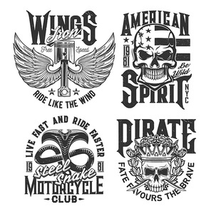 Motorcycle races club t-shirt prints with skull and wings, vector car rally signs. American spirit stars flag and engine on wings, snake and skull in crown, motor sport and custom chopper bike garage