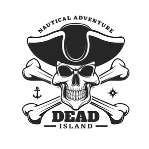 Pirate captain skull and crossed bones icon. Vector emblem with jolly roger in cocked hat. Filibusters skeleton head, anchor and wind rose monochrome isolated vintage label for nautical adventure club