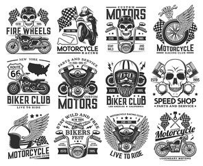 Motorcycle racing, biker club retro icons. Biker skull in helmet and goggles, winged wheel, engine piston and handlebars, chopper engraved vector. Repair service, festival and spare parts shop emblem