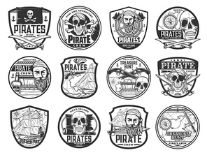 Caribbean pirate and corsair isolated icons with vector pirate captain, map, ship, skull, black flag and eye patch. Treasure chest, boat, helm and rum, sword, parrot, cannon and gun badges of piracy