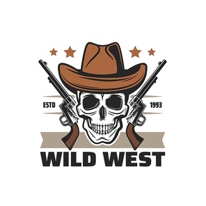 Wild West icon cowboy skull and pistol guns, American Western vector symbol. Texas saloon and Arizona rodeo ranger or bandit robber skull in cowboy hat