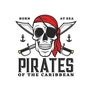 Caribbean pirates icon with skull and crossed sabers. Vector emblem with jolly roger in eye patch and bandana. Filibusters toothy sailor skeleton head, isolated vintage label, graphic design element