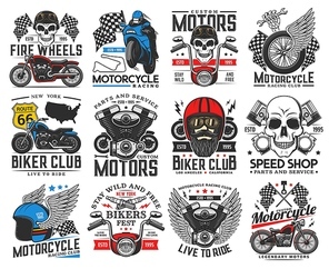 Biker, motorcycle and racing icons. Motorsport club, custom bikes restoration and repair garage service, spare parts shop, bikers festival retro vector emblem. Motorcycle engine, human scull and wings