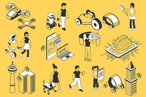Future technology isometric icons set with people robots modern devices means of transport isolated on yellow background 3d vector illustration