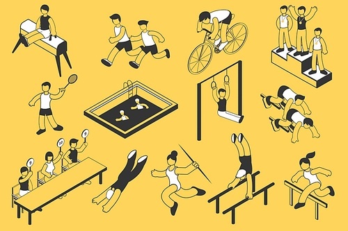 Summer sport competition set of isolated icons and isometric characters of athletes with gymnastic apparatus images vector illustration