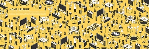 Isometric seamless pattern in yellow black and white colors with people doing various leisure activities at home 3d vector illustration