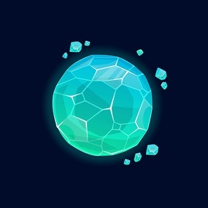 Ice futuristic planet isolated blue fantasy world cartoon icon. Vector inhabitable universe, game design element, frozen planet. Glacier globe, futuristic alien world, planet with forever winter cold