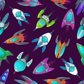 Rockets pattern, cartoon space background, vector seamless galaxy. Space ship rockets and spaceship, shuttles in cosmos sky and planets universe, kids cartoon pattern background with spacecrafts