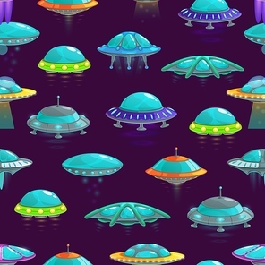 UFO vector seamless background with cartoon pattern of alien spacecraft. Spaceships, rockets, unidentified flying objects and saucers with glass domes, lights and antennas backdrop design