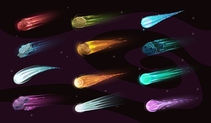 Galaxy asteroids, comets or meteorites with flaming tails. Burning asteroids, stone and ice comets with glowing, colorful trails flying in outer space. GUI, UI vector design elements