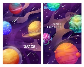 Space and galaxy universe cartoon planets, vector banners of space. Fantasy alien planets and stars in dark sky with falling comets, meteors and asteroids, satellites, orbit rings and halo