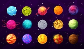 Fantasy space planets, stars and asteroids cartoon vector set. Alien worlds, planets with craters, cracks and lava on surface, orbital rings vector. User GUI, UI graphic interfaces and game elements