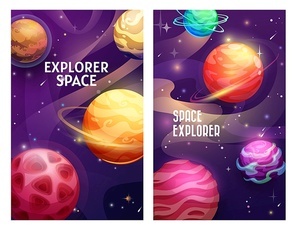 Space explorer vector banners of cartoon planets, stars and asteroids. Fantasy alien galaxy universe with meteorites, comets and orbit rings, satellites, craters. Space travel and astronomy science