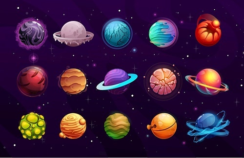 Planets of alien or fantasy space cartoon vector space game ui. User interface elements of another world universe galaxy space planets and stars with frozen ice, orbits, satellites and craters