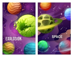 Space and planets, explosion in galaxy and asteroids attack, vector fantasy cartoon background. Aliens invasion, meteorite and comets collide with planets in space sky, futuristic universe posters
