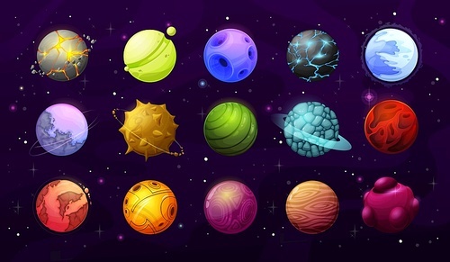 Alien planets and stars, vector fantasy space galaxy. Cartoon elements of user interface or gui, alien galaxy universe planets with surfaces of ice, craters and magma, orbit rings, asteroids, meteors