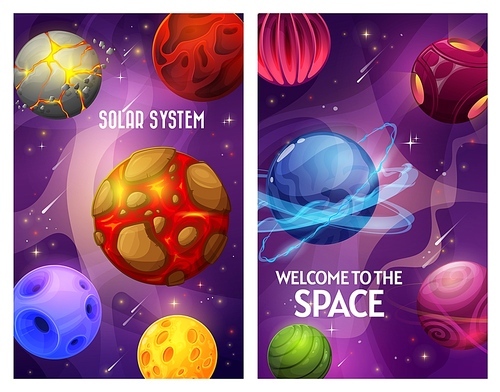 Space and planets, fantasy galaxy sky and universe, vector cartoon game world of aliens. Space futuristic solar system planets with asteroids, moon craters and fantastic cosmic meteors, purple poster