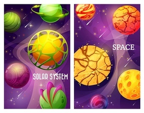 Fantasy space galaxy, cartoon vector alien world planets with stars and satellites. Planets with cracks, craters and lava on surface, extraterrestrial life home, stars and meteors. Space posters