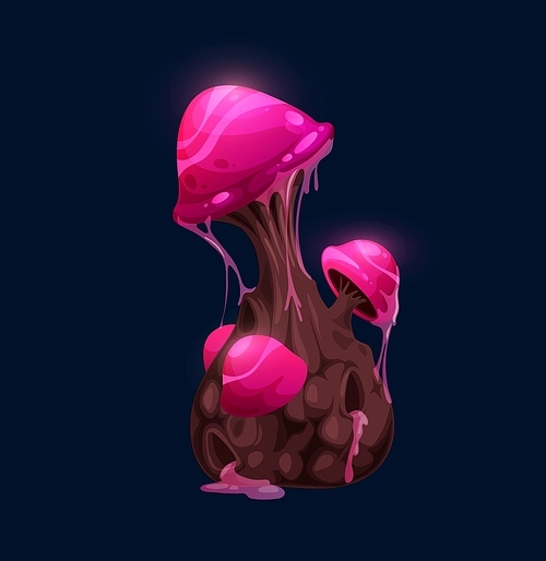 Fantasy magic twinkling pink mushroom. Cartoon vector fairytale fungus or alien planet live form, luminescent glowing, fantastic pink mushrooms covered slime, poisonous, radioactive or toxic fungi