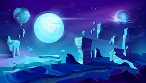 Alien planet landscape, space night vector background with flying rocks, planets in starry sky. Extraterrestrial fantasy view with glowing sparkles, cracked land surface and cartoon cosmic mountains