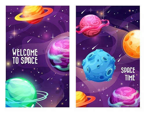 Space planets and galaxy universe, vector cosmos sky background. Welcome to space posters with planets in galaxy, meteorites, comets and asteroids, Saturn and moon, space exploration technology